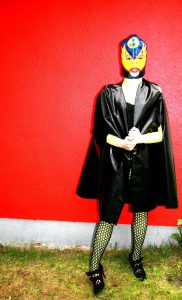 Outfit #3, 2009 / handmade cape, different fabrics, found Mexican wrestling mask, diverse accessories