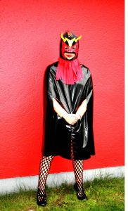 Outfit #2, 2009 / handmade cape, different fabrics, found Mexican wrestling mask, diverse accessories