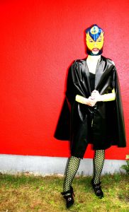 Outfit #3, 2009 / handmade cape, different fabrics, found Mexican wrestling mask, diverse accessories