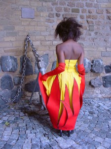 Outfit #1, (Fireball dress), 2009 / handmade, linen, cotton, chintz, red satin gloves
